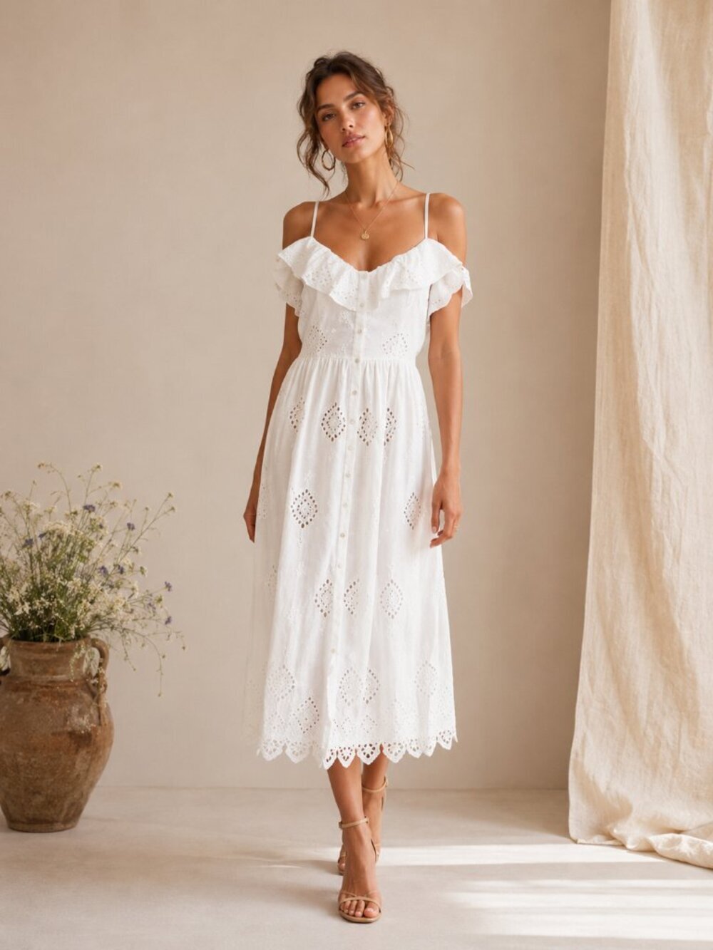 ZARA White Indian Cotton Perforated Button Front Midi Dress with Embroidery